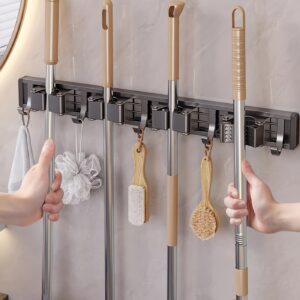 Estante de Almacenamiento para Baño, Soporte Metálico para Fregonas y Escobas con Ganchos Ajustables, Organizador de Pared para Hogar, Cocina, Jardín, Lavandería, Garaje - Lacado, Estante Ahorrador de Espacio para Fregonas, Escobas, Herramientas, Estantes