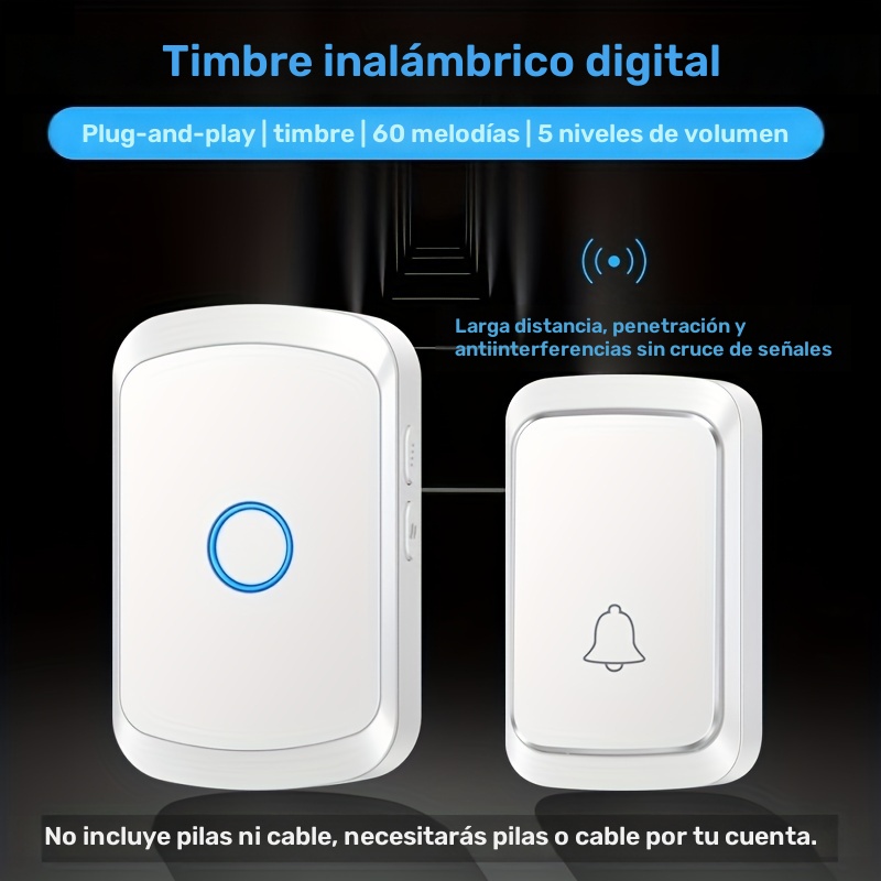 Timbre sin varillas para el Hogar, Alcance de hasta 1000 Pies – 60 Melodías Seleccionables – 5 Niveles Ajustables de Volumen, 110dB Modo Silencioso con Flash LED para Puertas y Ventanas, Enchufe US, Timbres para Casa, Campanilla Sin Cable para Salón Clase, Notificación inalámbrica, Sonería Moderna Diseño Elegante Transmisión Fiable Construcción Duradera Chime sin cuerdas Para Arrendatarios Propietarios - Imagen 4