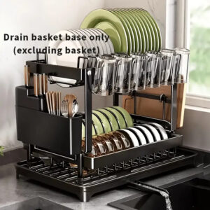 Organizador de escurridor de platos resistente para debajo del fregadero con sistema de drenaje - Caja de almacenamiento de cocina que ahorra espacio, drenaje anti-obstrucción, estantes de varios niveles para platos, tazones, tazas, utensilios - Organizador de gabinete fácil de limpiar para cocinas pequeñas - Negro moderno